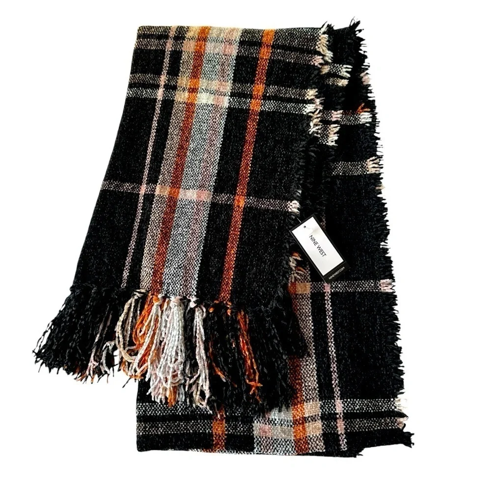 Nine West Cozy Black and Orange Oversized Fringed Scarf